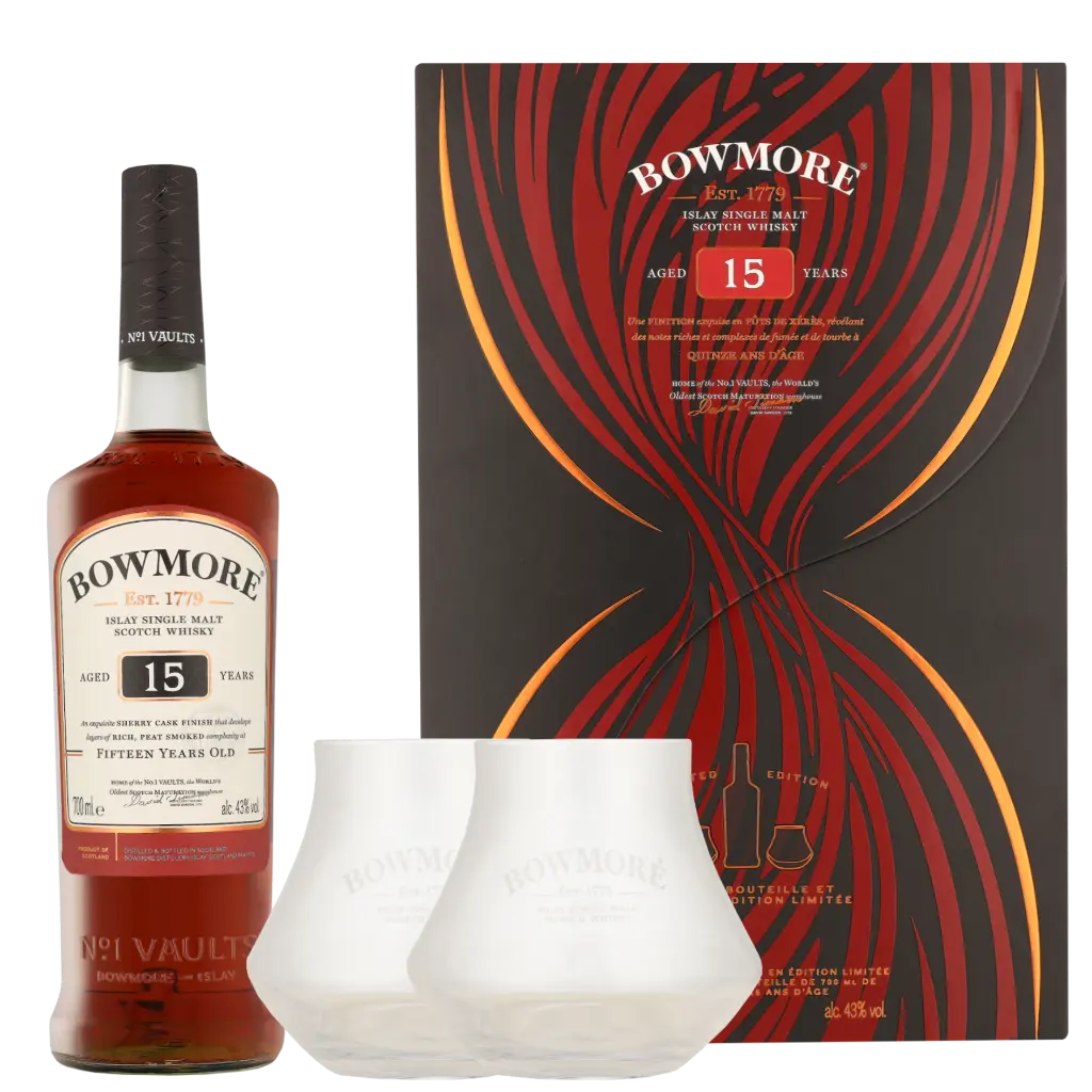 BOWMORE SINGLE MALT WHISKY 15 AÑOS + 2 VASOS 700ML - Bodega Mi Amiga